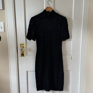 Vintage 100% Silk Black Beaded Cocktail Dress Size Small Silky Nites New York